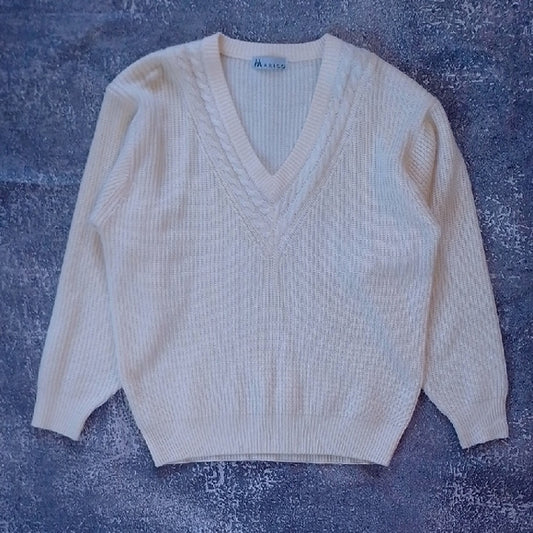 Vintage 90s Marico Women's V-Neck Sweater in Cream