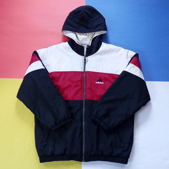 Vintage 90s Adidas Essential Striped Winter Jacket With Hood RED/White/BLACK