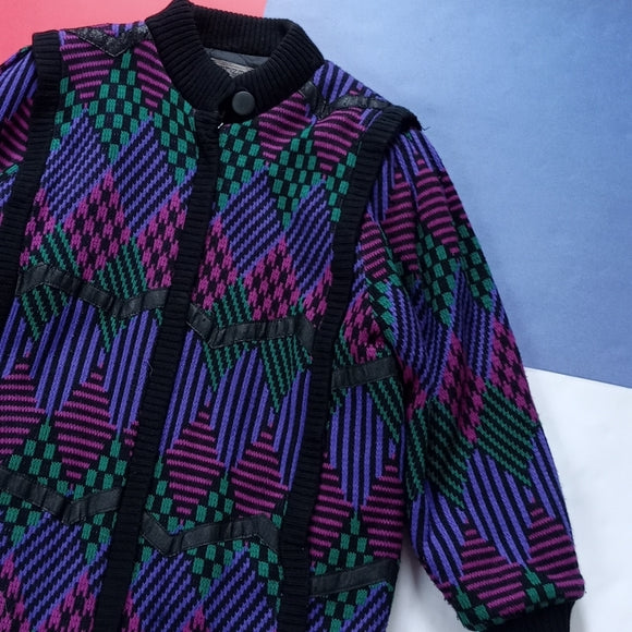 Vintage Karizma Aunt Viv Thick-Knit Zip-Up Winter jacket with leather trim