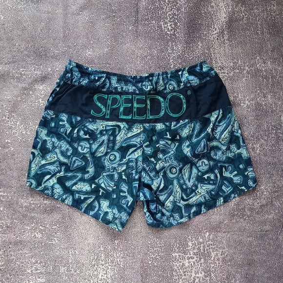Vintage Speedo Blue Patterned Swim Shorts FUNKY PATTERN 90s