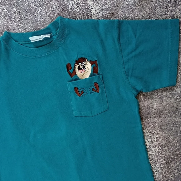 Vintage 1995 Embroidered Pocket Tasmanian Devil Looney Tunes Kid T-Shirt