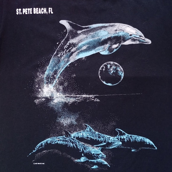Vintage 90s Dolphins Swimming At Nighttime with Moon Single Stitch T-Shirt