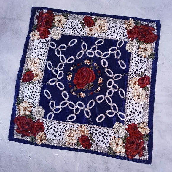 Vintage Shimmery Polyester Linen Scarf Burgundy Gold Blue Chain Print 35in