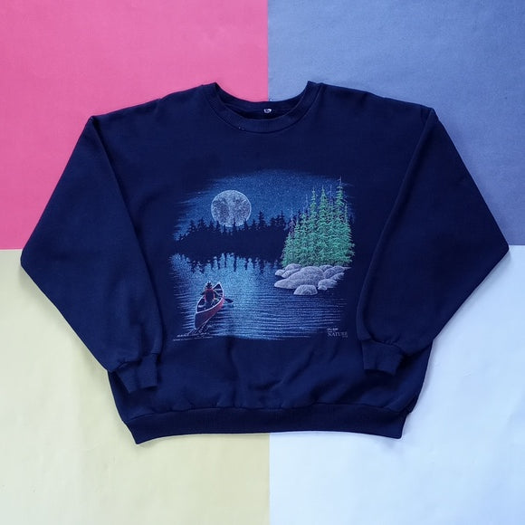 Vintage 90s Canoeing At Night with Moon In Woods Bara-Qu-Da Sweater Unisex