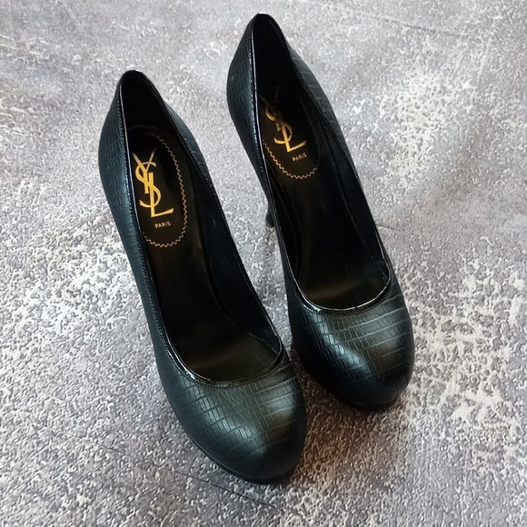 Yves Saint Laurent Paris Black Lizard Embossed Leather Tribtoo Platform Pumps