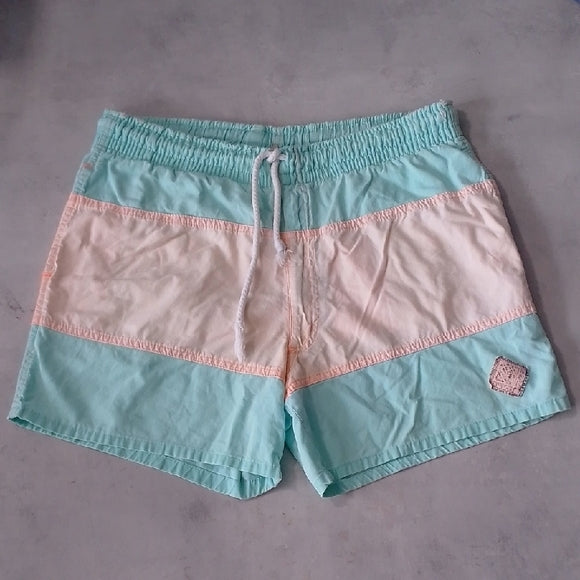 VINTAGE 90s OP Mint and ORANGE Striped Swim Shorts
