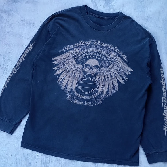 Harley Davidson Motorcycles Skull with Wings Long Sleeved Shirt