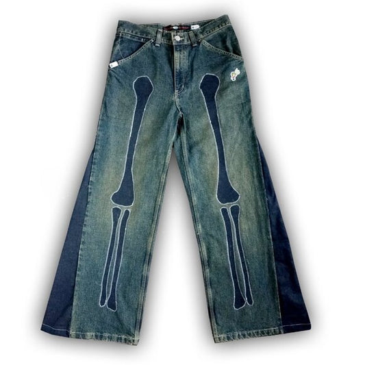 Y2K Vintage Reworked Custom Flared Baggy Denim Jeans with Bone Patchwork SIZE 32