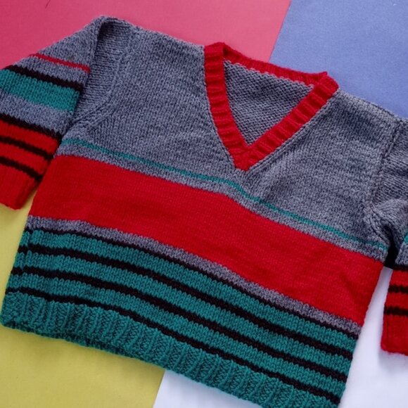 Vintage Kids Essential Knitted Striped V-Neck Sweater