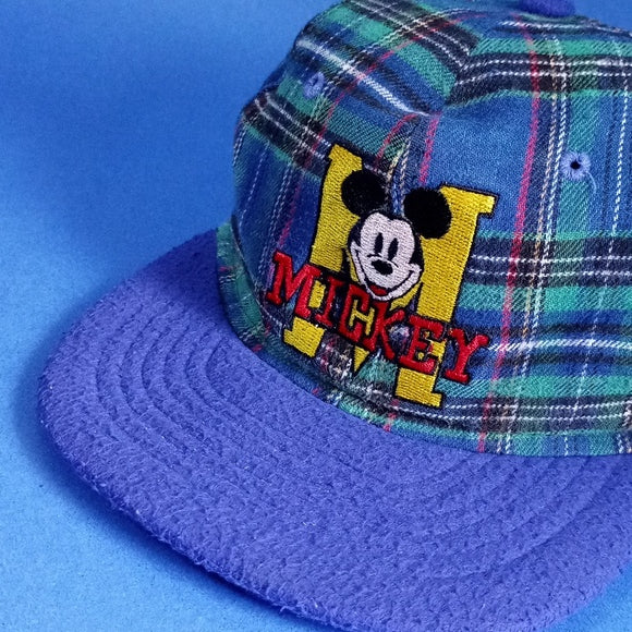 Vintage DISNEY Mickey Embroidered Tartan Snapback Hat UNISEX