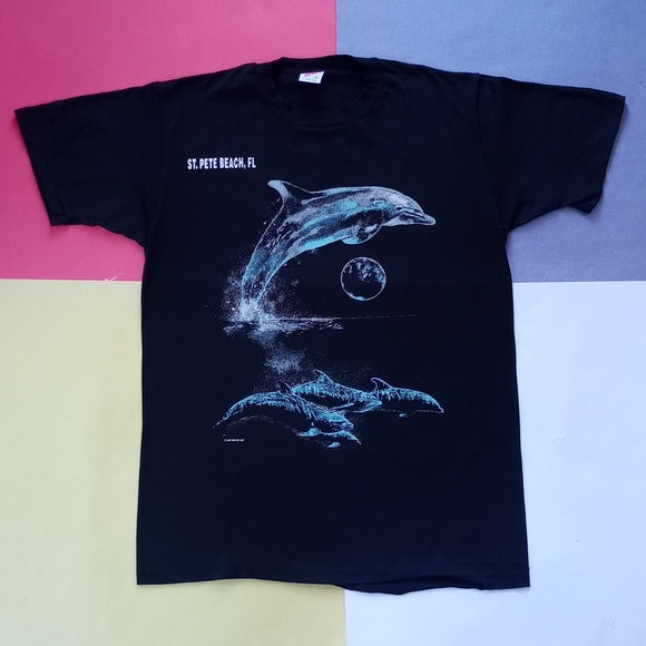 Vintage 90s Dolphins Swimming At Nighttime with Moon Single Stitch T-Shirt