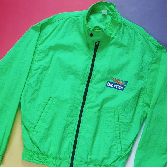 Vintage 80s Indy Car Neon Green Zip-Up Windbreaker Jacket UNISEX