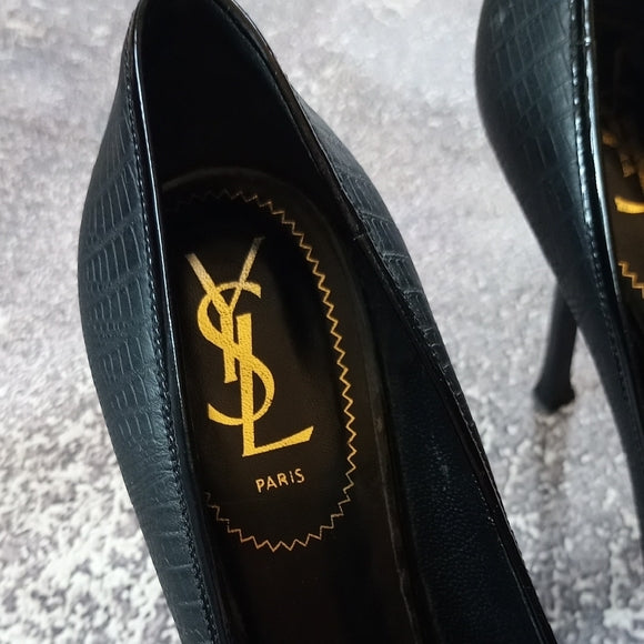 Yves Saint Laurent Paris Black Lizard Embossed Leather Tribtoo Platform Pumps