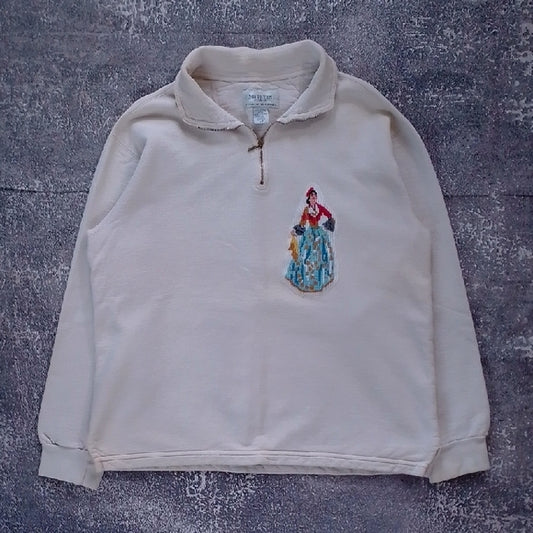 Vintage Upcycled Cream Quarter-Zip Sweatshirt with Egypt Lady Embroidered Design