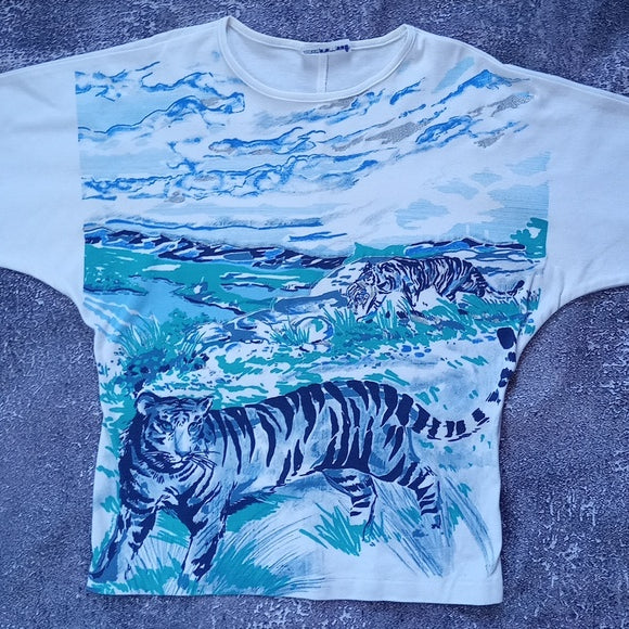 Vintage 90s TIGER FAMILY With Kitten Big Print Graphic Single Stitch T-Shirt