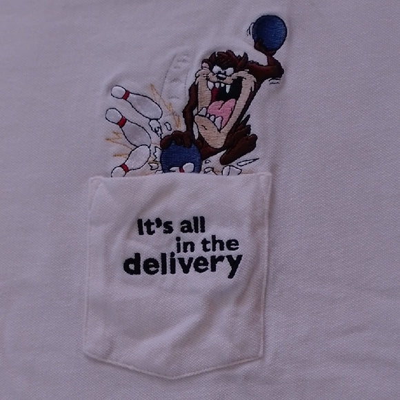 VINTAGE 1998 Bowling Taz It's All In The Delivery Embroidered Warner Bros T-Shir