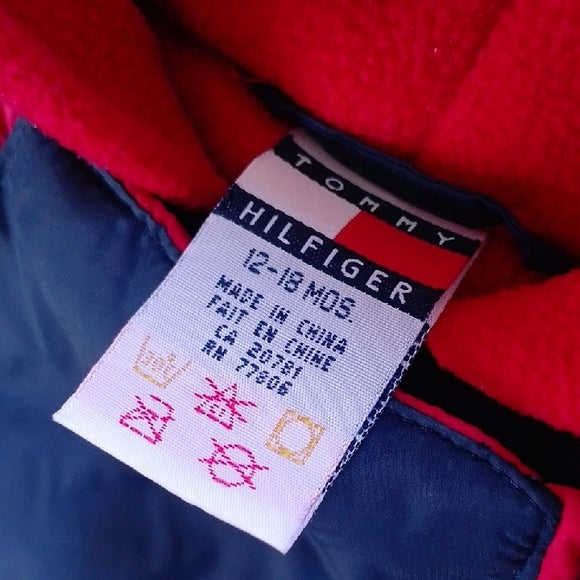 VINTAGE Tommy Hilfiger Navy and Red Kids One Piece Snowsuit GLOVES