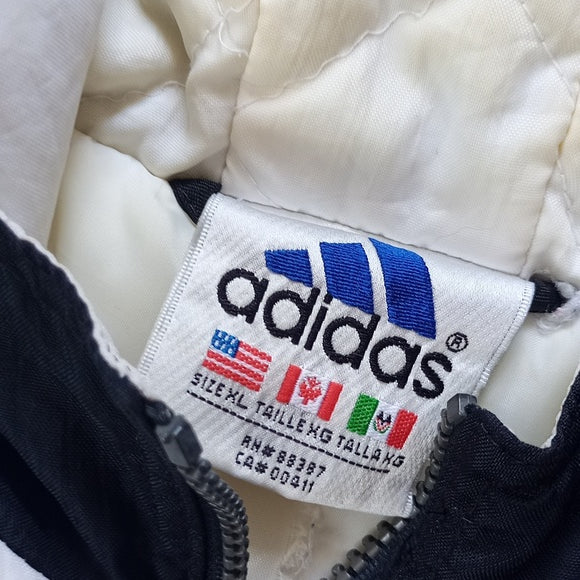 Vintage 90s Adidas Essential Striped Winter Jacket With Hood RED/White/BLACK