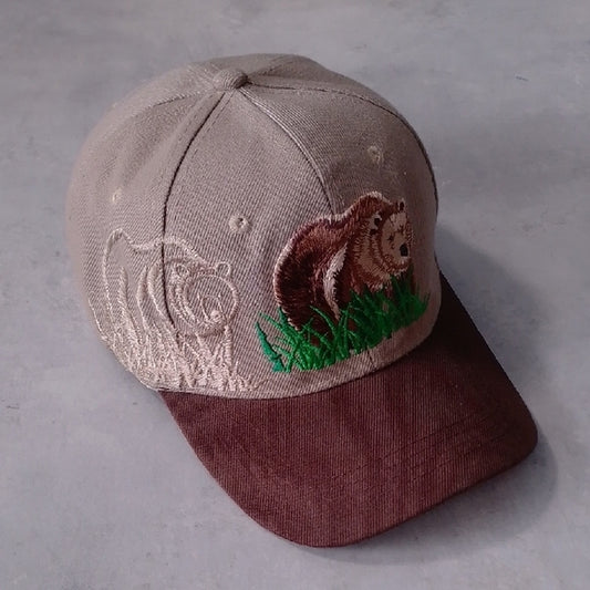 Vintage Bear In Grass Embroidered Cap - Brown and Tan