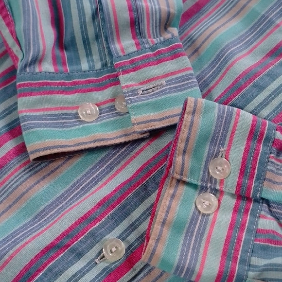VINTAGE 90s TABI INTERNATIONAL Striped Shirt in Blue, Pink, and Green