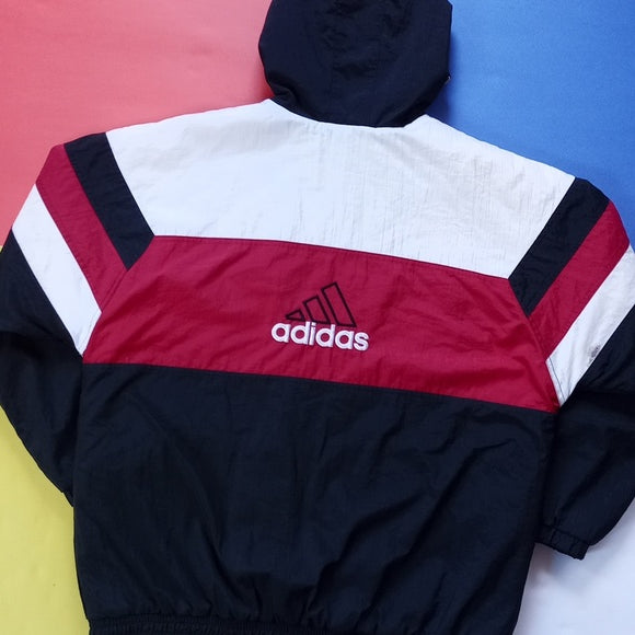 Vintage 90s Adidas Essential Striped Winter Jacket With Hood RED/White/BLACK