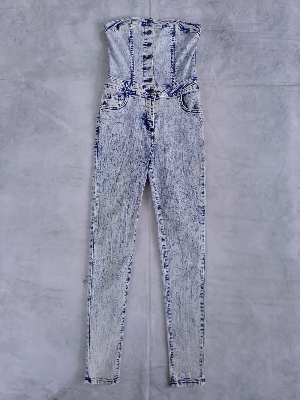 High-Waist Acid Wash Strapless Jeans Jumpsuit Light Blue GJG DENIM USA MADE