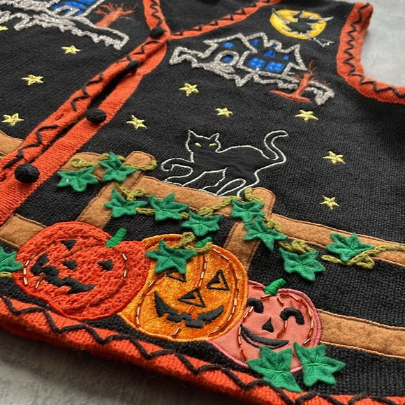 Vintage Halloween Cat Pumpkins Ugly Sweater Button-Up