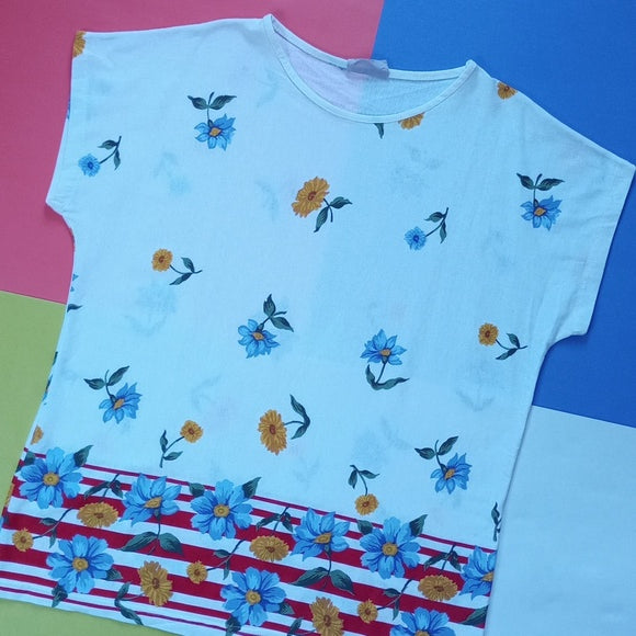 Vintage 90s Floral Flower Drop Striped T-Shirt