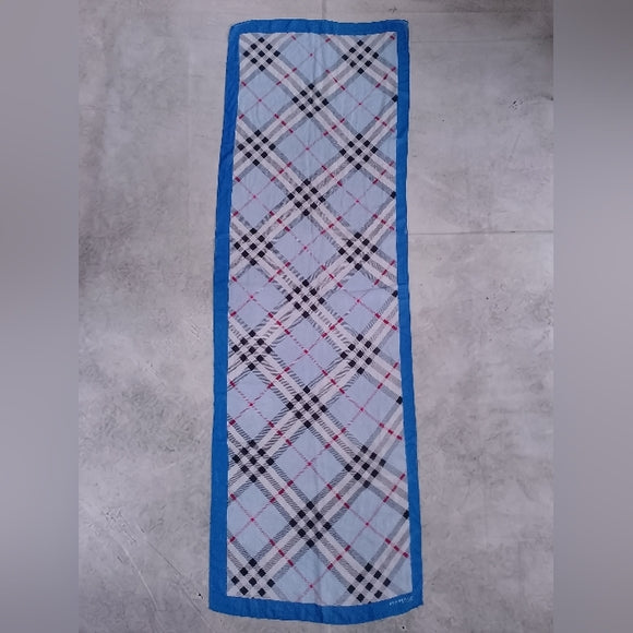Vintage Burberry Check Handkerchief Scarf Blue Border 60x20 Classic Designer