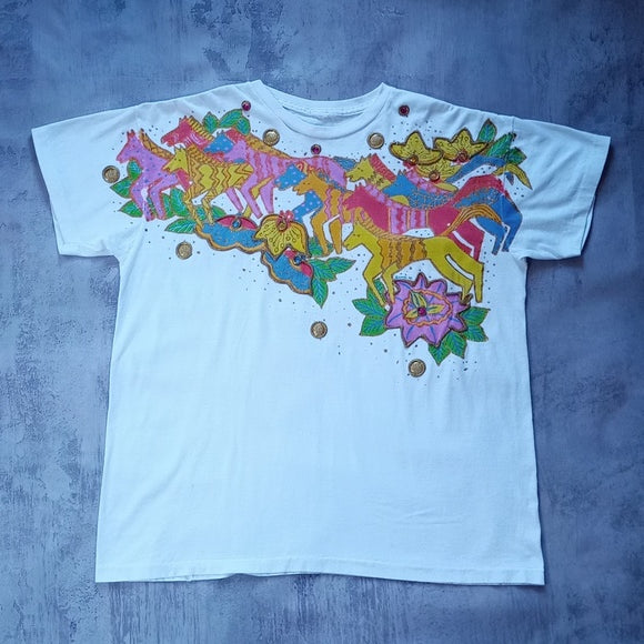 Vintage 1992 KWBL Running Colourful Zebras Graphic Single Stitch T-Shirt