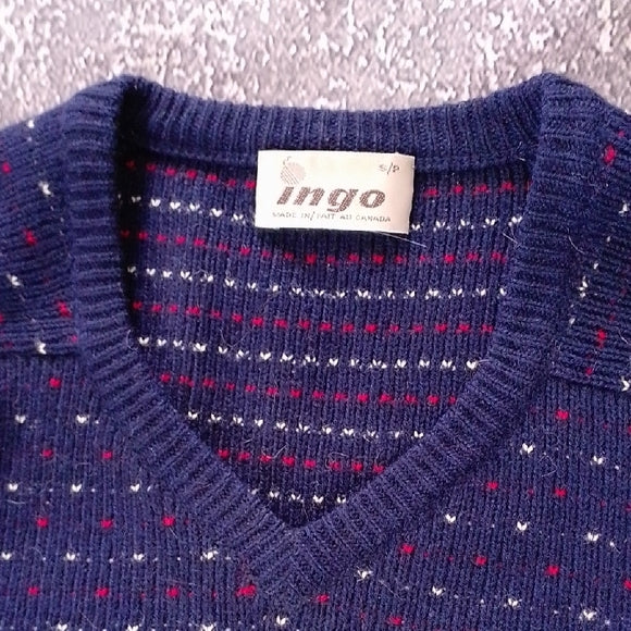 VINTAGE 90s ingo Dotted Navy Blue Wool V-Neck Sweater