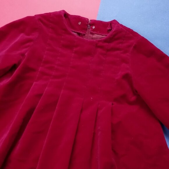 Vintage Girls Handmade Fancy Red Velvet Pleated Dress
