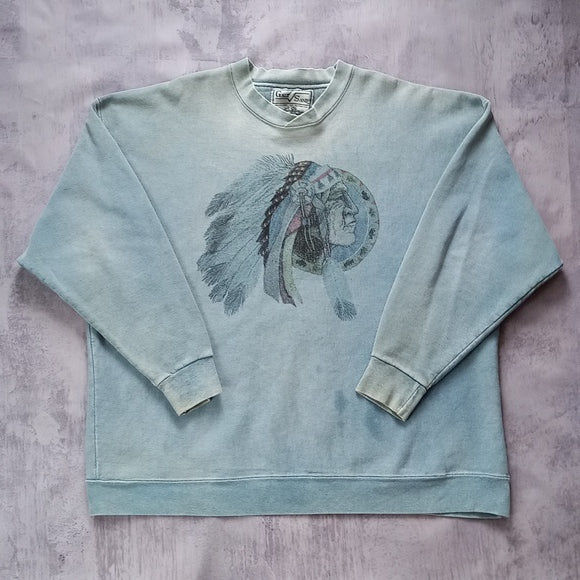 Vintage 90s Native Indigenous Head Faded Crewneck Sweater GALT SAND