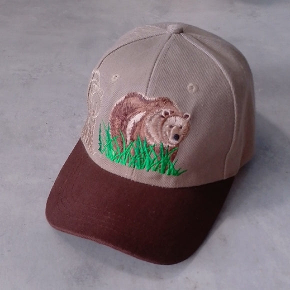 Vintage Bear In Grass Embroidered Cap - Brown and Tan