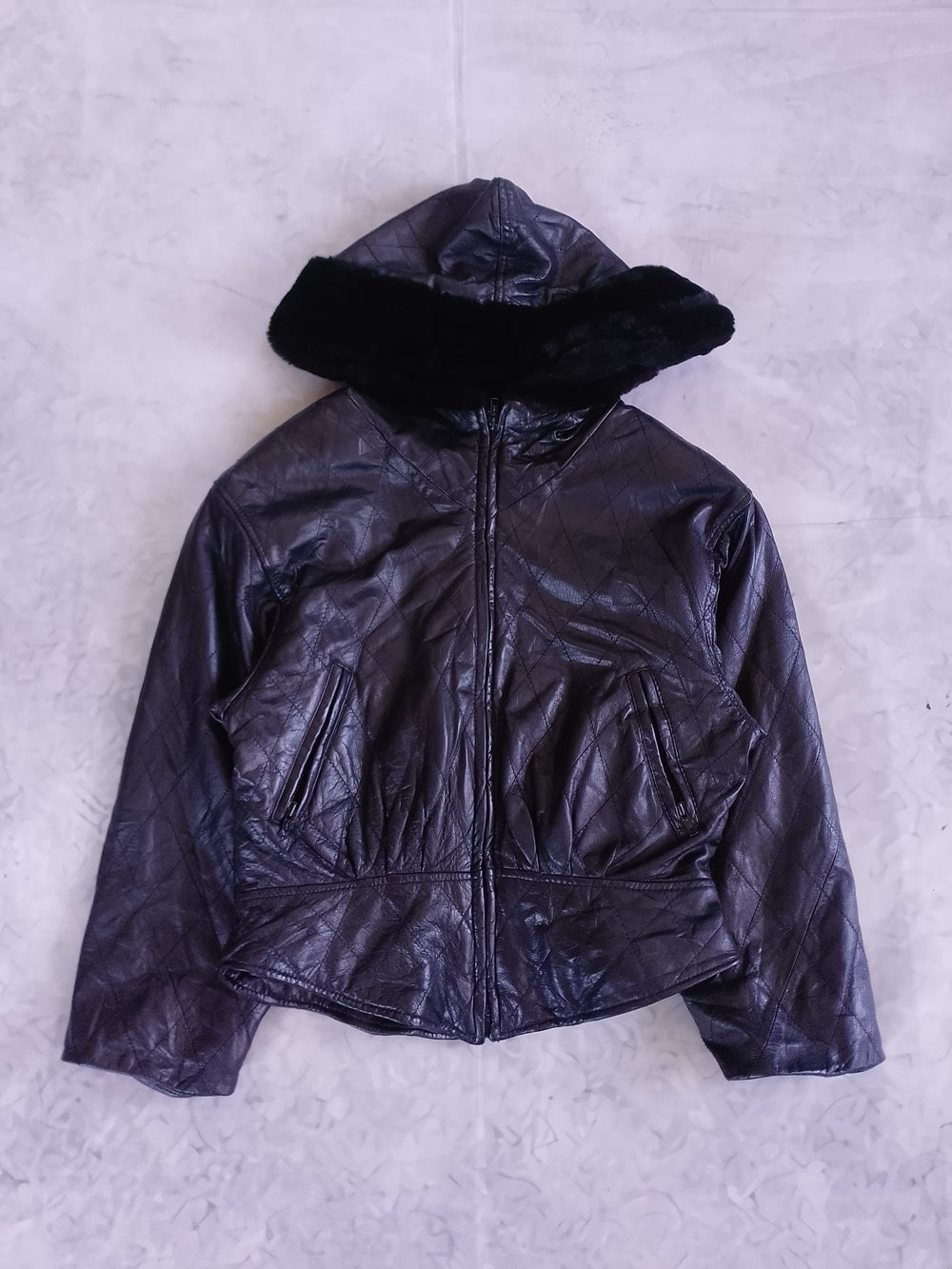 DANIER Black Leather Hooded Jacket with Faux Fur Trim