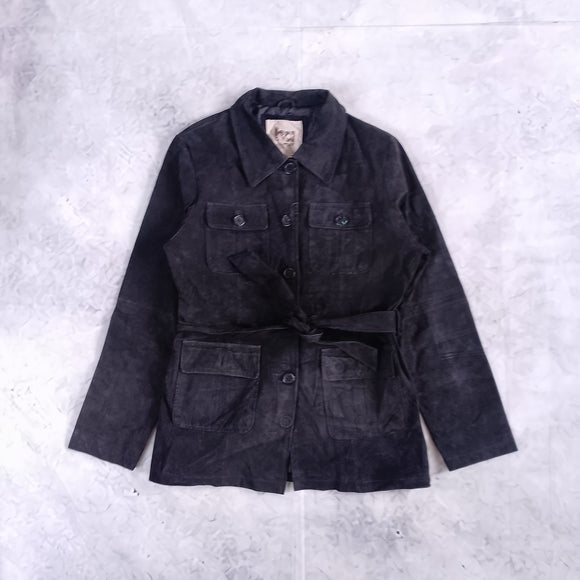 Vintage Women's Black Leather Suede Belted Jacket
