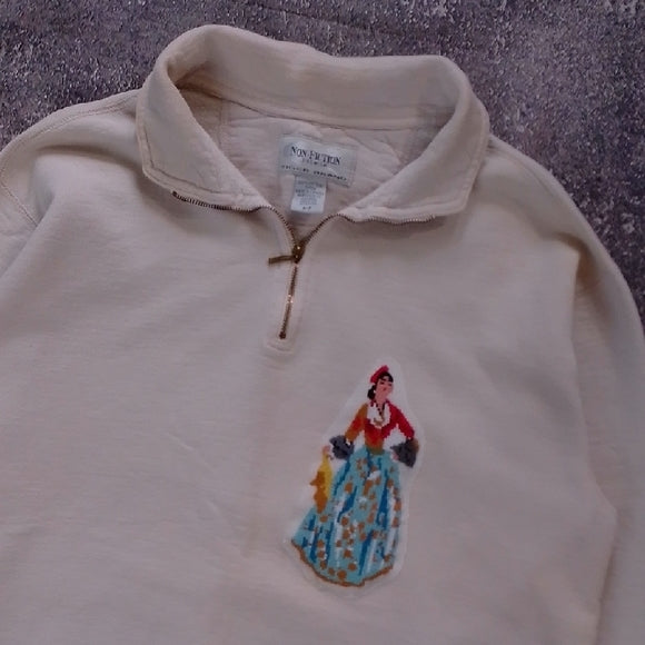 Vintage Upcycled Cream Quarter-Zip Sweatshirt with Egypt Lady Embroidered Design