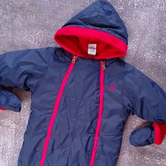 VINTAGE Tommy Hilfiger Navy and Red Kids One Piece Snowsuit GLOVES
