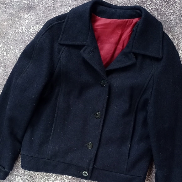 VINTAGE 80s Women's Black Jacket PEA COAT STYLE WOOL