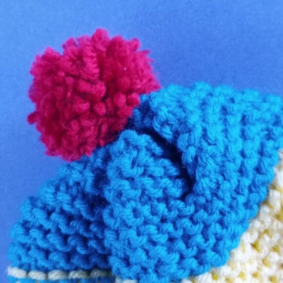 Vintage Hand-Knitted Made-in-Canada Colourful Beanie with Pom Pom