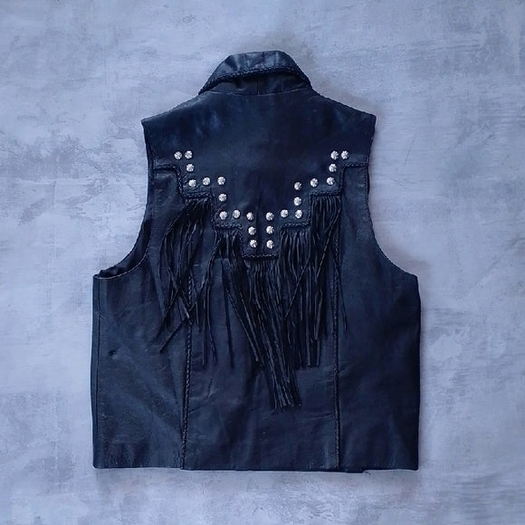 VINTAGE GENUINE LEATHER Black Leather Vest with Fringe and Studs