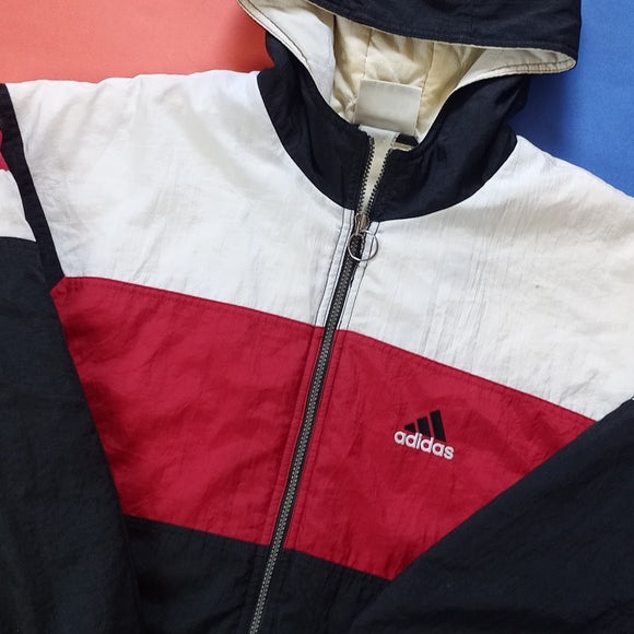 Vintage 90s Adidas Essential Striped Winter Jacket With Hood RED/White/BLACK