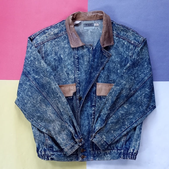 Vintage 80s Fiori Acid Wash Leather Trim Jean Denim Jacket