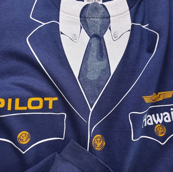 Vintage 1981 Hawaiian Pilot Uniform Tie Flight Plane Airline Costume T-Shirt