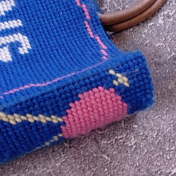 Vintage Handmade Blue and Pink Knitting Bag Tapestry Bag