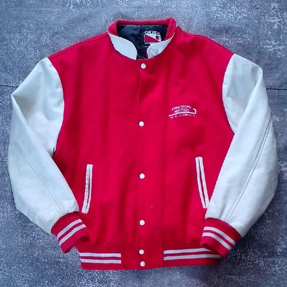 VINTAGE Red and White Stratford Auction Varsity Jacket WOOL/LEATHER