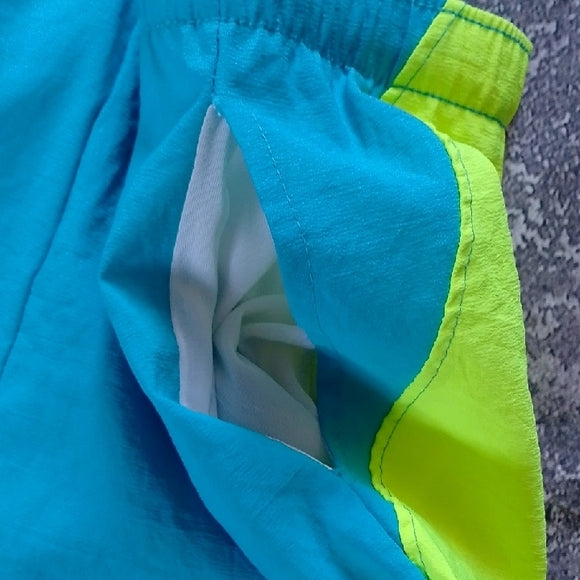 Vintage 90s Men's Neon Green and Blue Swim Shorts