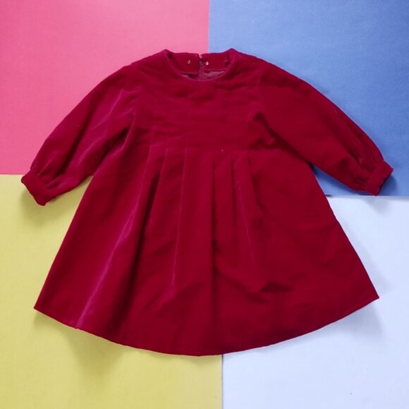 Vintage Girls Handmade Fancy Red Velvet Pleated Dress