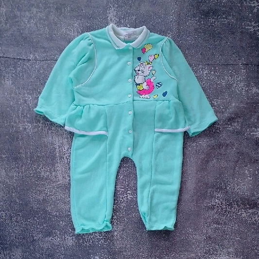 Vintage Cat Aqua Kids One Piece with Cartoon Print