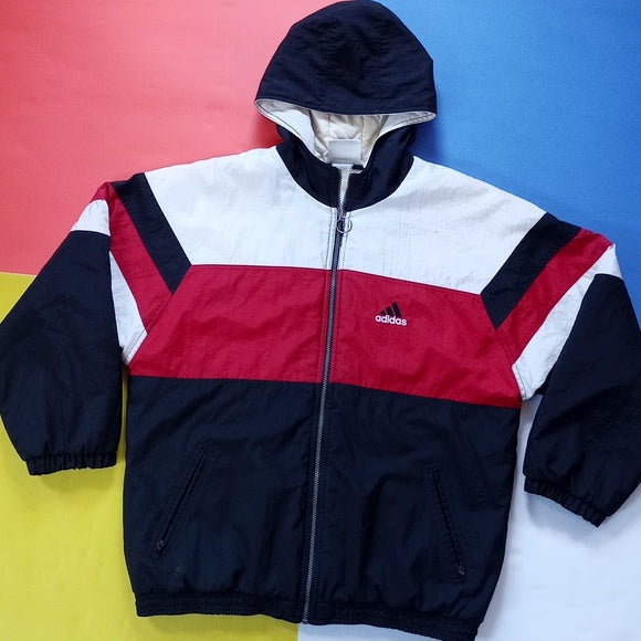Vintage 90s Adidas Essential Striped Winter Jacket With Hood RED/White/BLACK